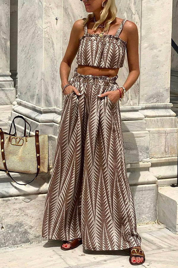 AS | Tropical Island Green Plant Print Brown Camisole Top Wide Kalhoty Suit