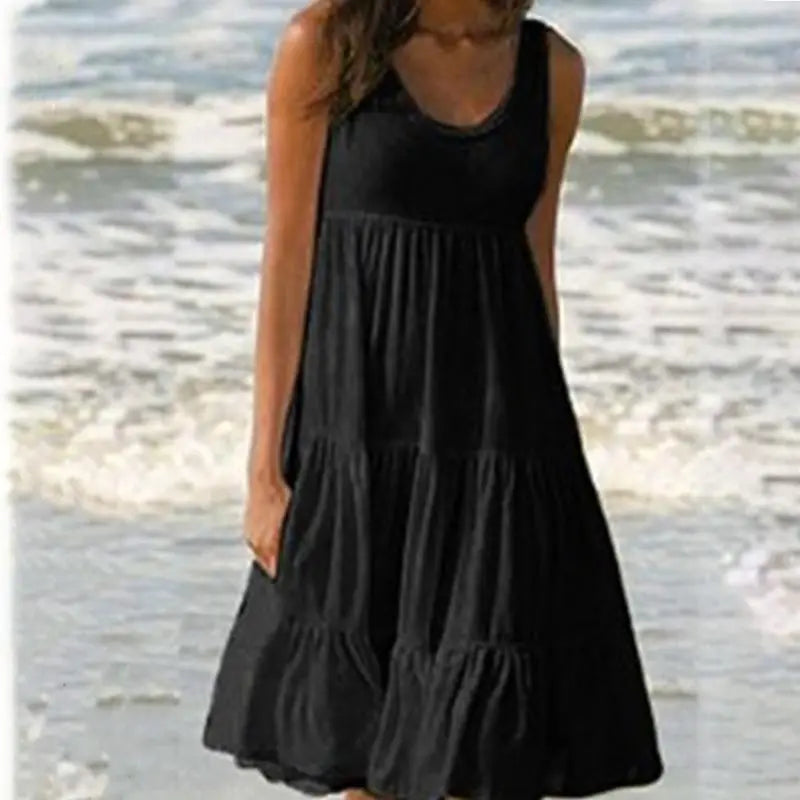 AS | Jocoo Jolee Women Causual O Neck Sleeveless Ruffle Mini Dress Boho Solid Beach Sundress Oversized Loose Dress 2023 Summer