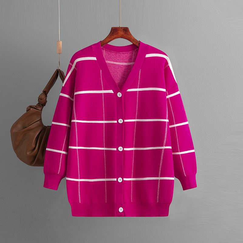 Knitted Plaid Cardigan for Women - Perfect for Autumn and Winter One Size Black