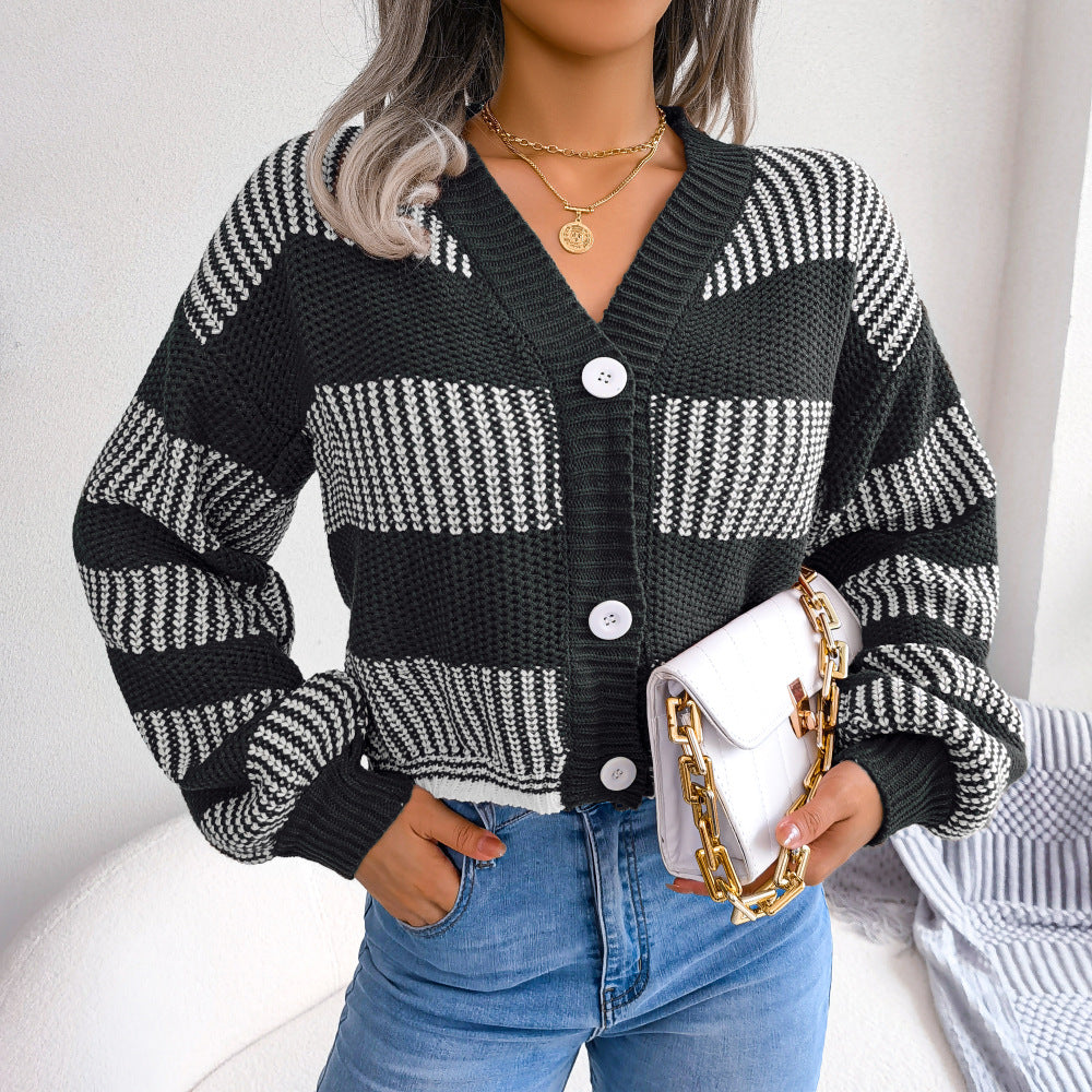 Striped Lantern Sleeve Cardigan Sweater for Women S Green