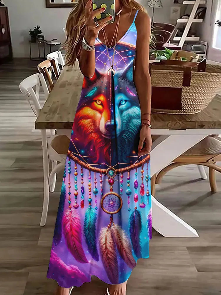 AS | 2024 Nové 3D sovy Vintage Print Sleeveless Vest Long Women Tribal Pattern Spaghetti Strap Dress Summer Long Loose Vest Dresses