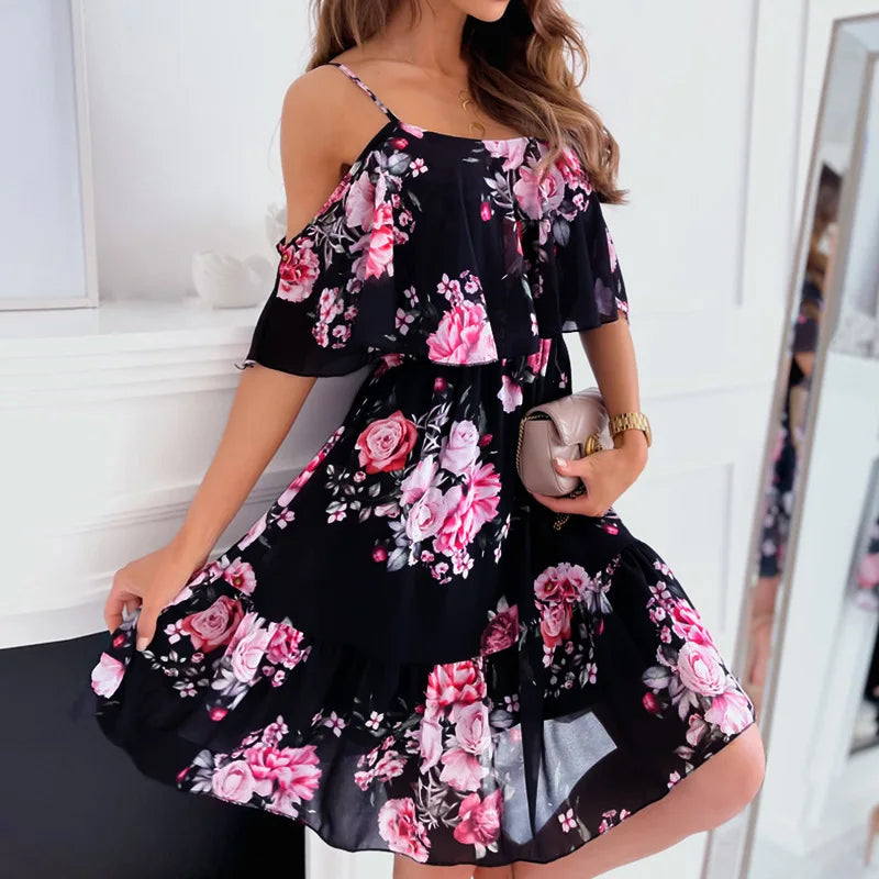 AS | Dámské letní V-Neck bez rukávů praku camisole dojíždění tištěné šifónové bohémské květinové šaty pro ženy