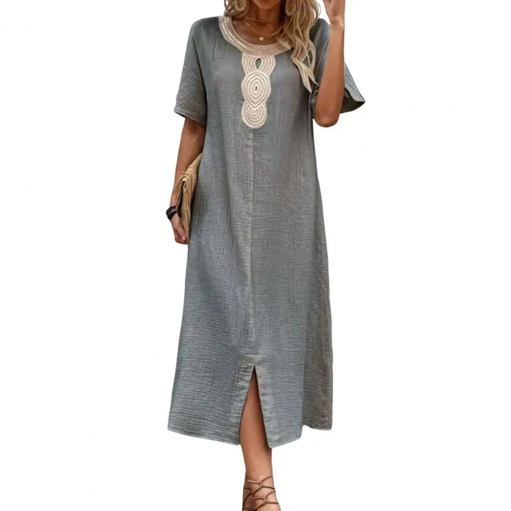 AS | Vintage ženy šaty letní Split Hem O krku volné retro bohémské rovné příležitostné prodyšné příležitostné Midi šaty