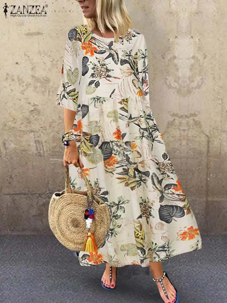 AS | Femme krátký rukáv Sundress ZANZEA Letní ženy květinové tištěné šaty bohémské elegantní ležérní nadměrné Holiday Kaftan šaty