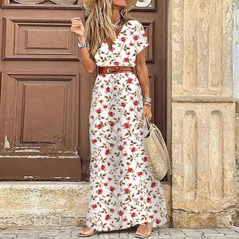 AS | Letní trend V-Neck ženy Retro Vintage tisk Slim s pásem Sexy ležérní elegantní dovolená šaty vysoké štěrbiny nepravidelné Midi šaty