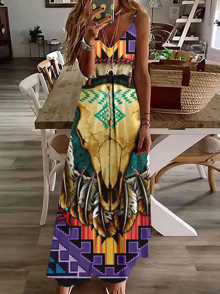 AS | 2024 Nové 3D sovy Vintage Print Sleeveless Vest Long Women Tribal Pattern Spaghetti Strap Dress Summer Long Loose Vest Dresses