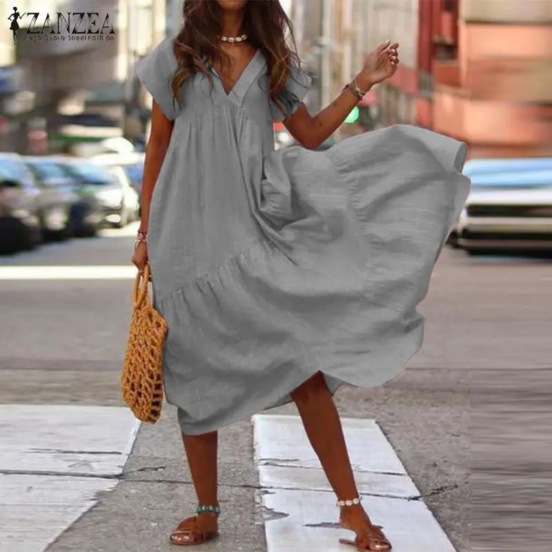 AS | Příležitostné Boho volné dámské šaty bohémské letní V-Neck krátký rukáv volán šaty ženské nadměrné velikosti strany Beach A-Line šaty Vestidos