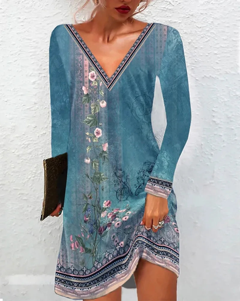 AS | Ženy letní šaty Boho V-Neck krátký rukáv Vintage tisk květinové šaty ženské příležitostné dovolená Beach volné šaty Vestidos