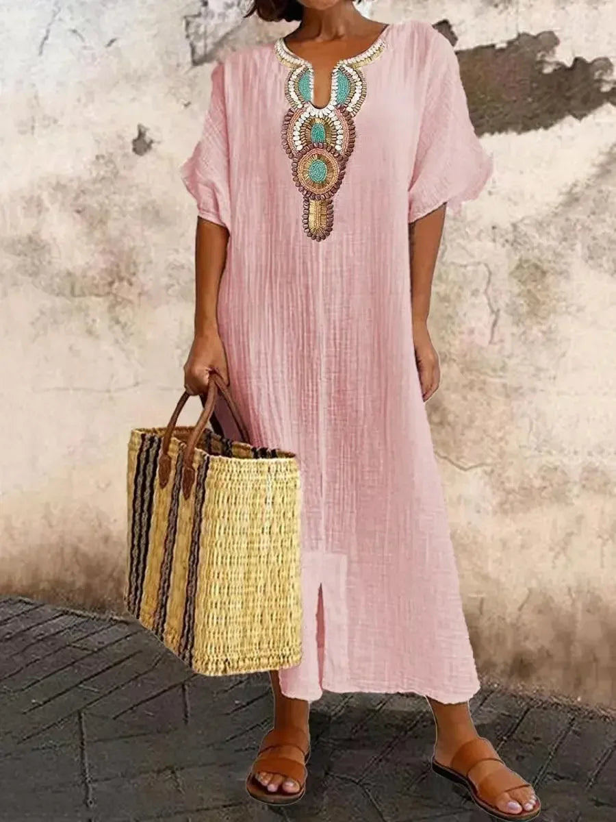 AS | New2025 Ženy Boho Vintage vyšívané bavlněné prádlo dlouhé šaty Dámy V-Neck Split Maxi Party šaty krátký rukáv volné šaty