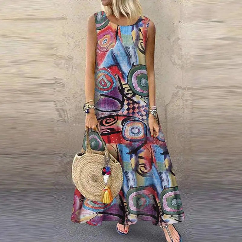 AS | ZANZEA České květinové tištěné šaty ženy Vintage bez rukávů O krku Beach Sundress Summer Femme Fashion Vestido Robe Sarafans