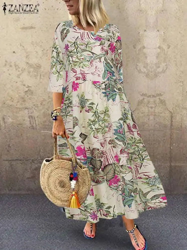 AS | Femme krátký rukáv Sundress ZANZEA Letní ženy květinové tištěné šaty bohémské elegantní ležérní nadměrné Holiday Kaftan šaty