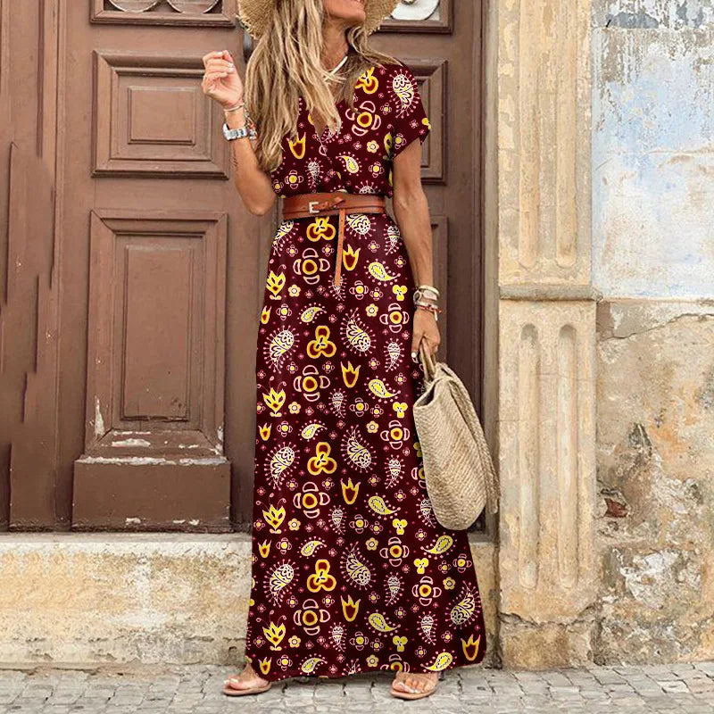 AS | Letní trend V-Neck ženy Retro Vintage tisk Slim s pásem Sexy ležérní elegantní dovolená šaty vysoké štěrbiny nepravidelné Midi šaty