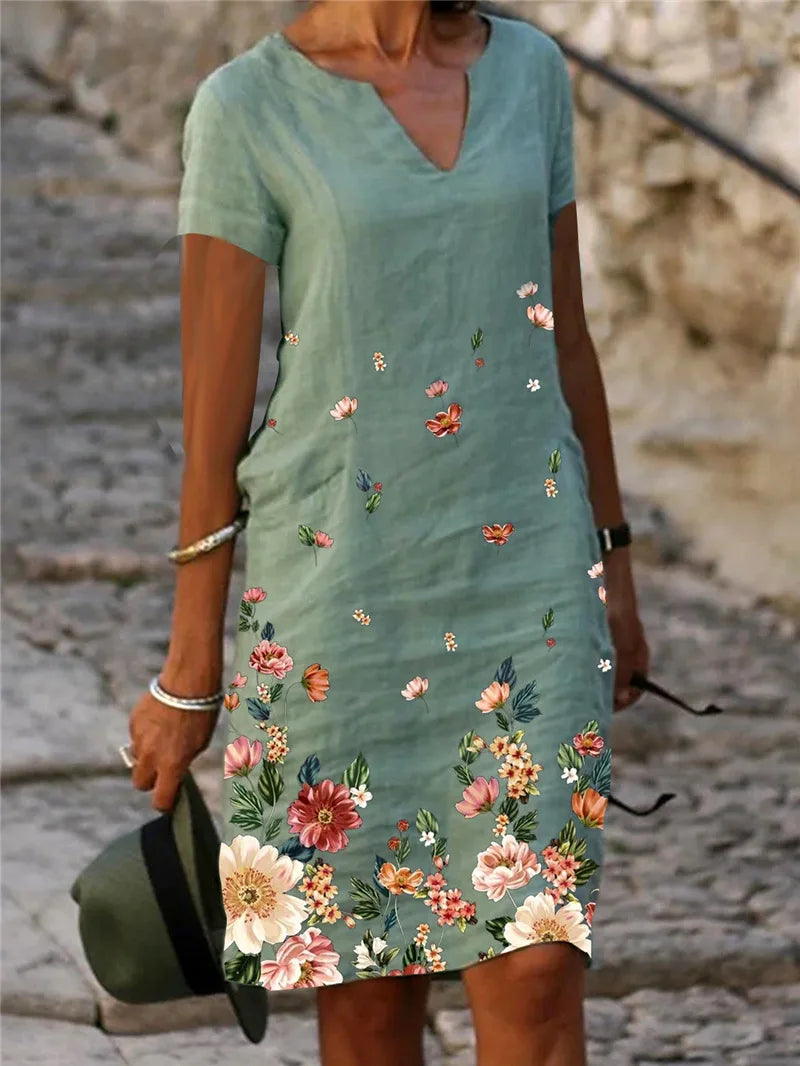 AS | Příležitostné volné tisk Vintage letní ženy tištěné bavlněné krátký rukáv V-Neck sexy Midi šaty elegantní Vestido Feminino S-5xl