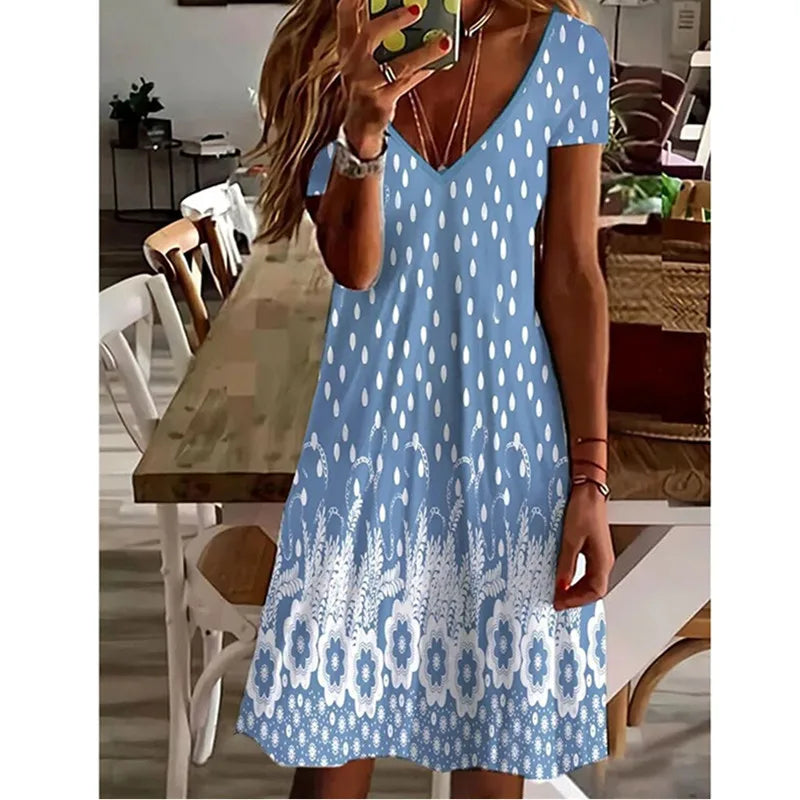 AS | Ženy letní krátký rukáv V-Neck příležitostné šaty 3D Vintage květinové tištěné elegantní koleno-délka šaty S-3XL Lady Vestidos