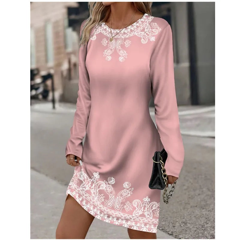 AS | Ženy jarní kolo krku dlouhý rukáv rostlina květina vytištěné šaty Vintage barva gradient příležitostné šaty velké velikosti 3XL Vestidos De Muer