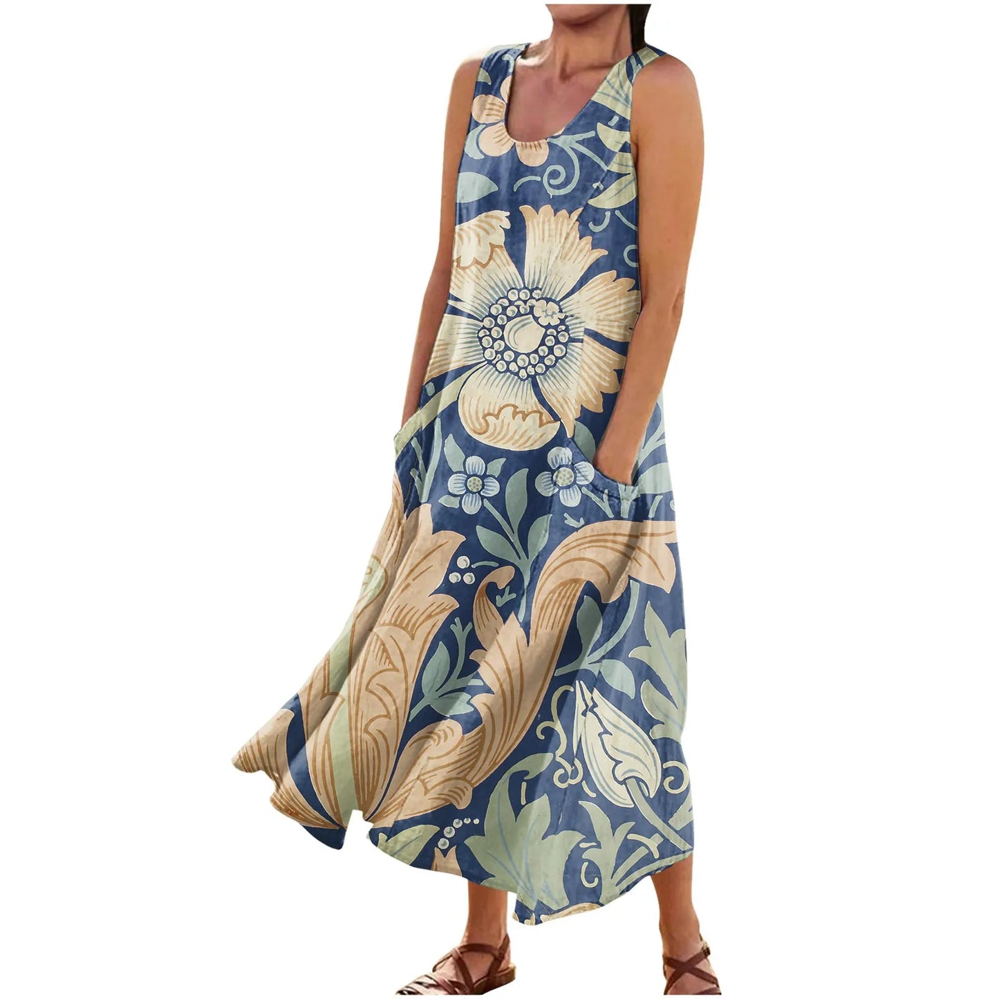 AS | Letní květinové šaty ženy Vintage bez rukávů květinové tištěné dlouhé šaty bavlněné plátno Sundress Baggy Beach Vestido Sarafans