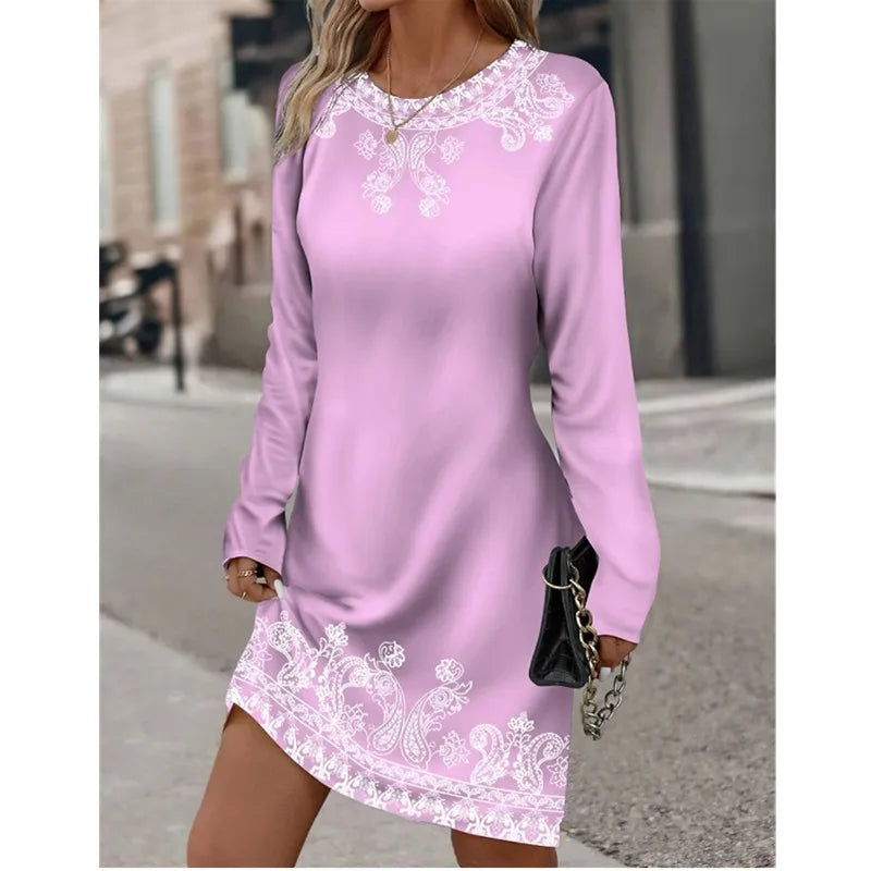 AS | Ženy jarní kolo krku dlouhý rukáv rostlina květina vytištěné šaty Vintage barva gradient příležitostné šaty velké velikosti 3XL Vestidos De Muer