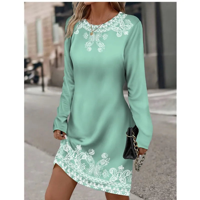 AS | Ženy jarní kolo krku dlouhý rukáv rostlina květina vytištěné šaty Vintage barva gradient příležitostné šaty velké velikosti 3XL Vestidos De Muer