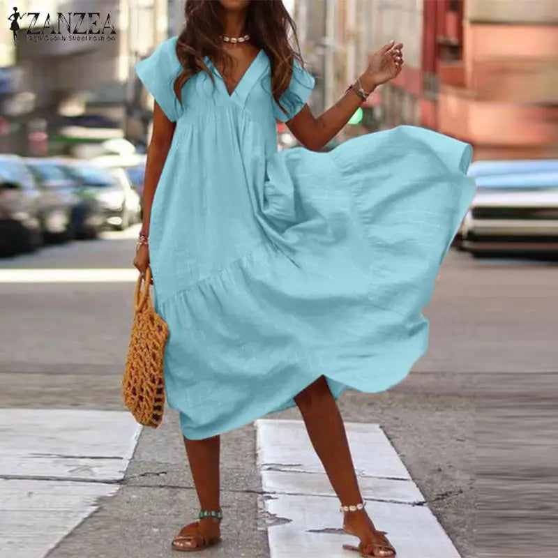 AS | Příležitostné Boho volné dámské šaty bohémské letní V-Neck krátký rukáv volán šaty ženské nadměrné velikosti strany Beach A-Line šaty Vestidos