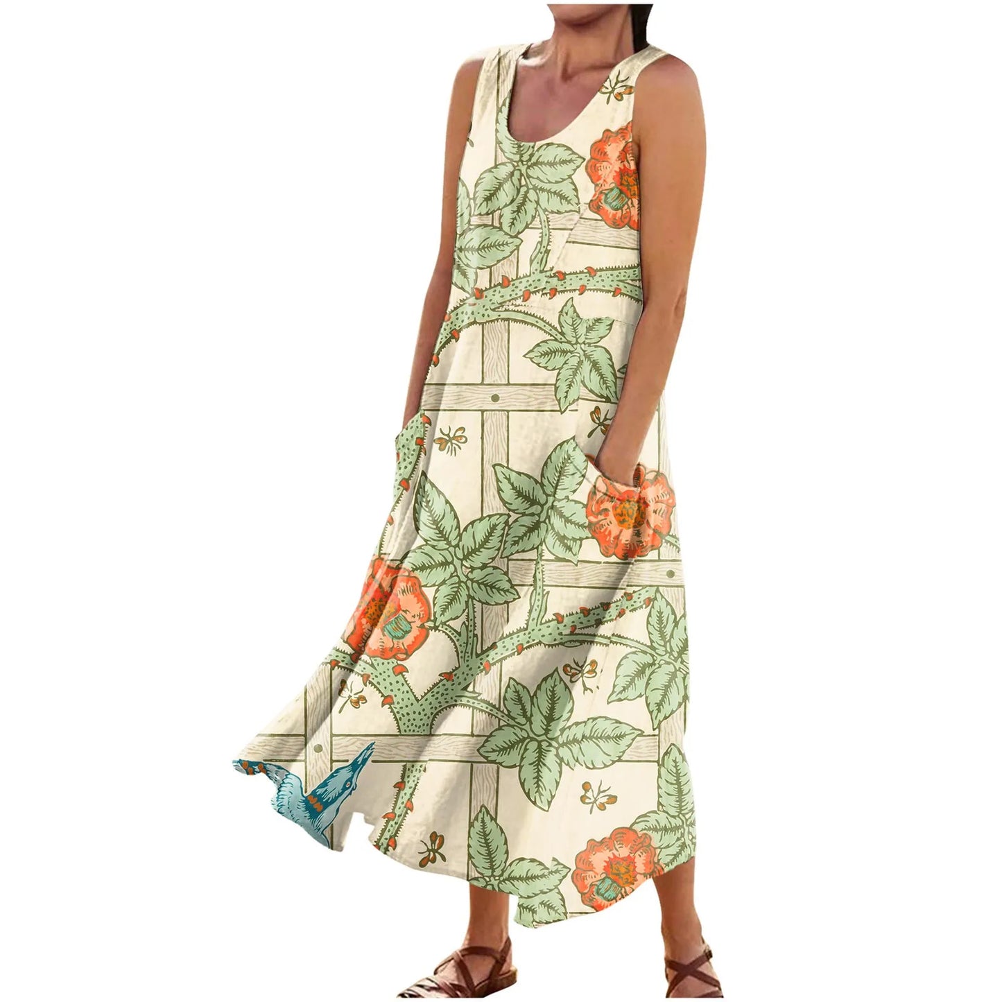 AS | Letní květinové šaty ženy Vintage bez rukávů květinové tištěné dlouhé šaty bavlněné plátno Sundress Baggy Beach Vestido Sarafans