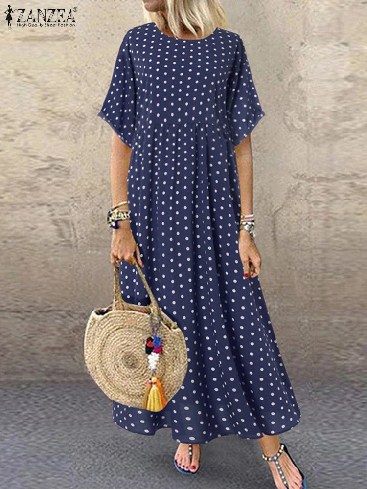 AS | ZANZEA Polka Dot dámy Midi šaty české dovolené krátký rukáv O-Neck dlouhý župan Vintage volné ležérní A-line Vestidos léto