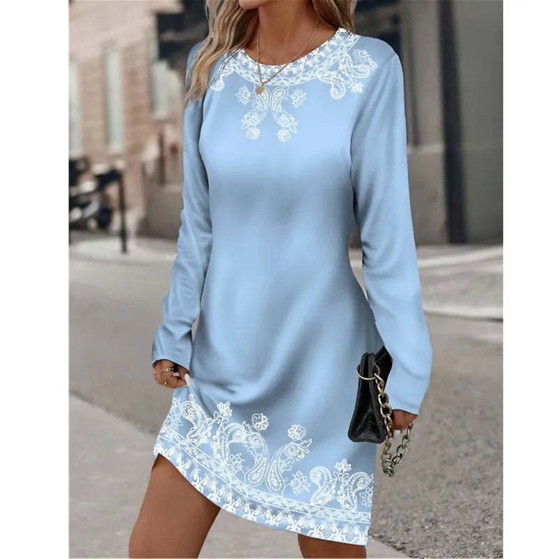 AS | Ženy jarní kolo krku dlouhý rukáv rostlina květina vytištěné šaty Vintage barva gradient příležitostné šaty velké velikosti 3XL Vestidos De Muer