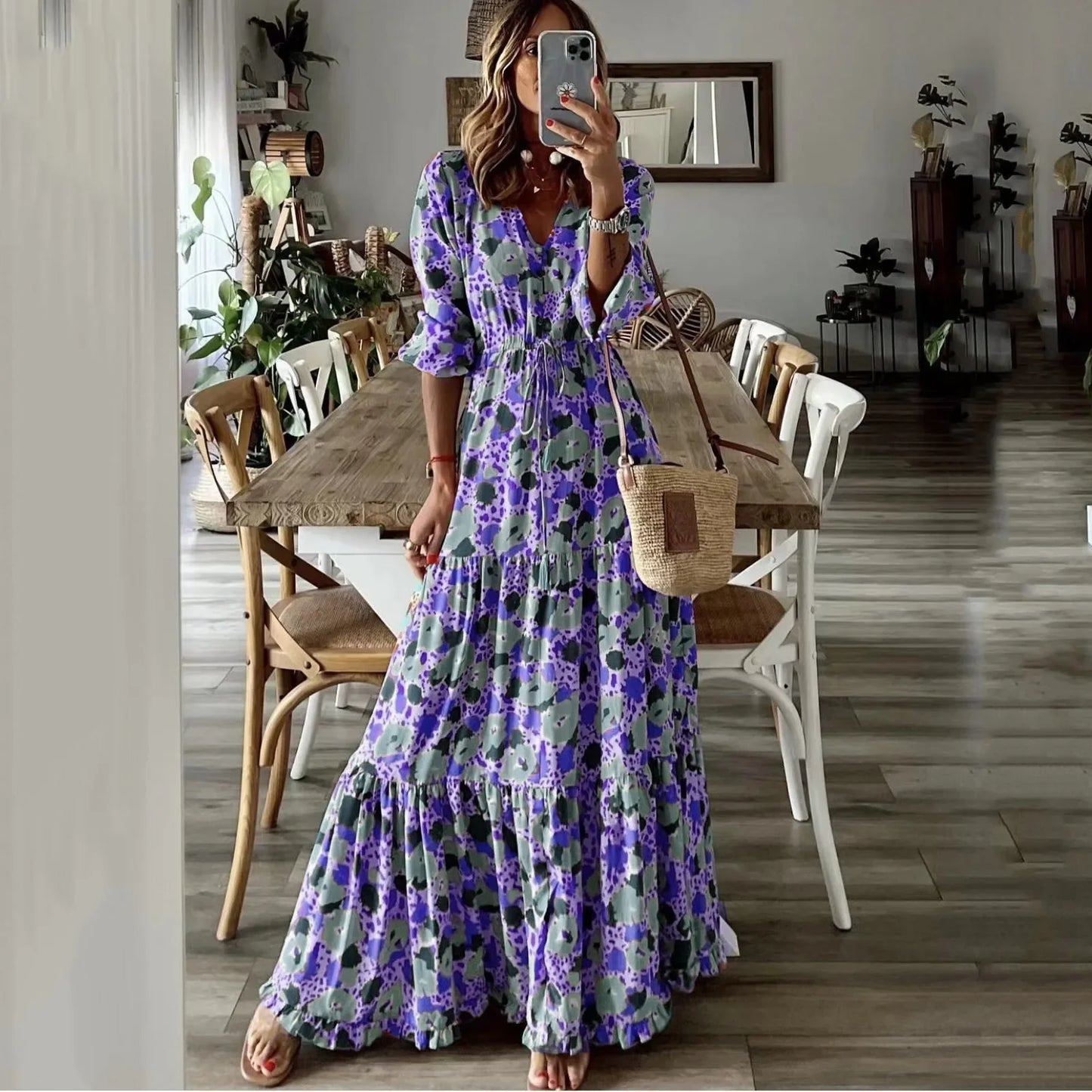 AS | Jarní podzimní květinový tisk dlouhé šaty pro ženy příležitostné dovolená A-line plážové šaty módní elegantní bohémský styl Maxi Vestidos