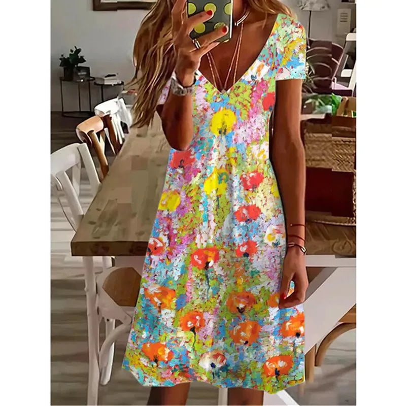 AS | Ženy letní krátký rukáv V-Neck příležitostné šaty 3D Vintage květinové tištěné elegantní koleno-délka šaty S-3XL Lady Vestidos