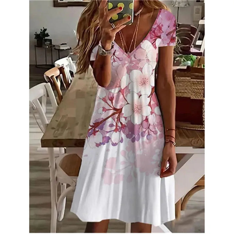 AS | Ženy letní krátký rukáv V-Neck příležitostné šaty 3D Vintage květinové tištěné elegantní koleno-délka šaty S-3XL Lady Vestidos