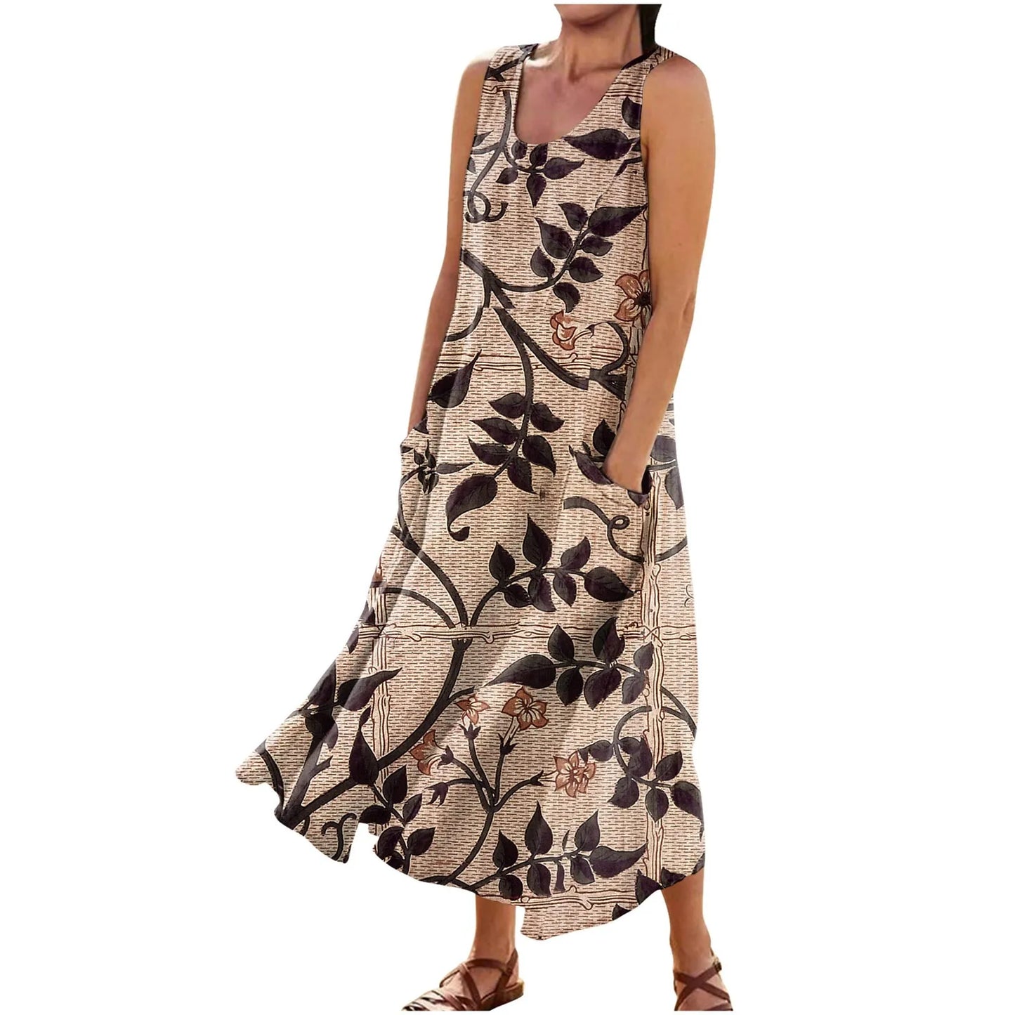 AS | Letní květinové šaty ženy Vintage bez rukávů květinové tištěné dlouhé šaty bavlněné plátno Sundress Baggy Beach Vestido Sarafans