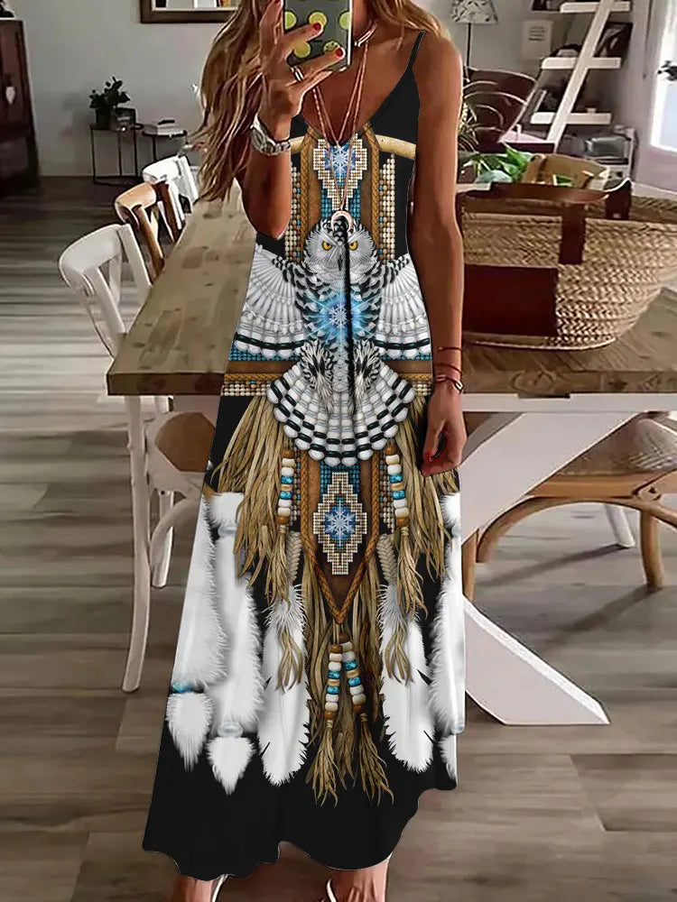 AS | 2024 Nové 3D sovy Vintage Print Sleeveless Vest Long Women Tribal Pattern Spaghetti Strap Dress Summer Long Loose Vest Dresses