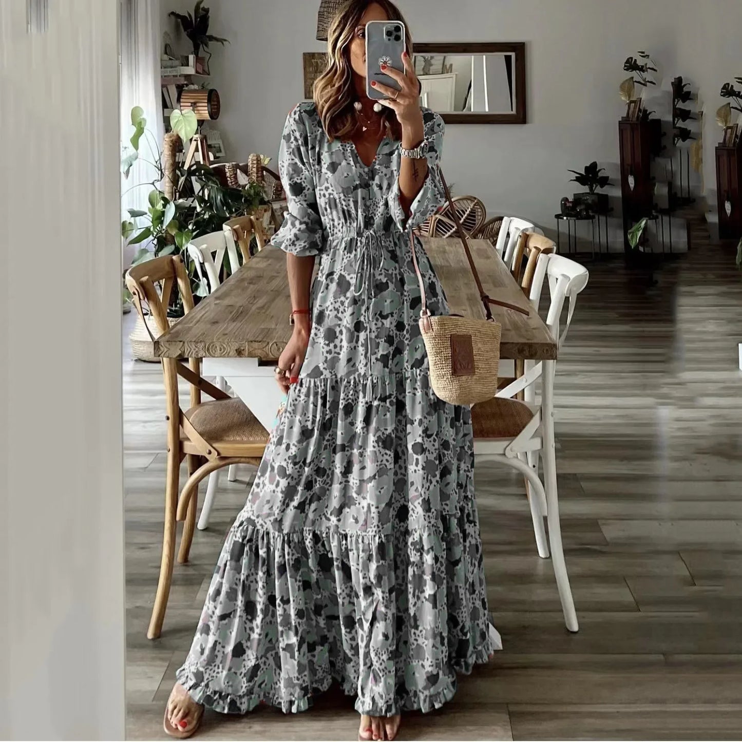 AS | Jarní podzimní květinový tisk dlouhé šaty pro ženy příležitostné dovolená A-line plážové šaty módní elegantní bohémský styl Maxi Vestidos