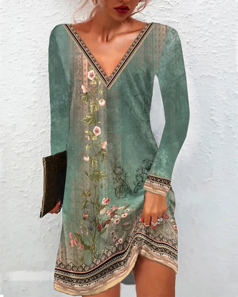 AS | Ženy letní šaty Boho V-Neck krátký rukáv Vintage tisk květinové šaty ženské příležitostné dovolená Beach volné šaty Vestidos