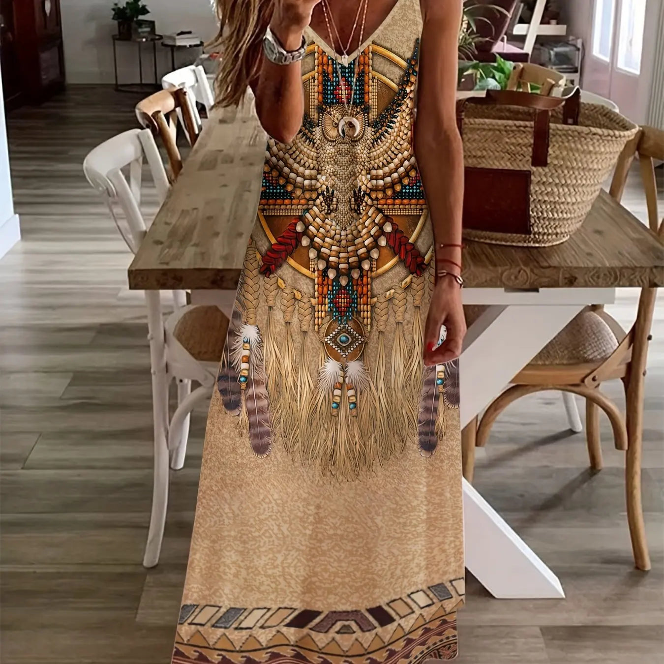 AS | Retro Fishnet Print Beach Holiday příležitostné šle Módní šaty bez rukávů volné šle kotník délka šaty