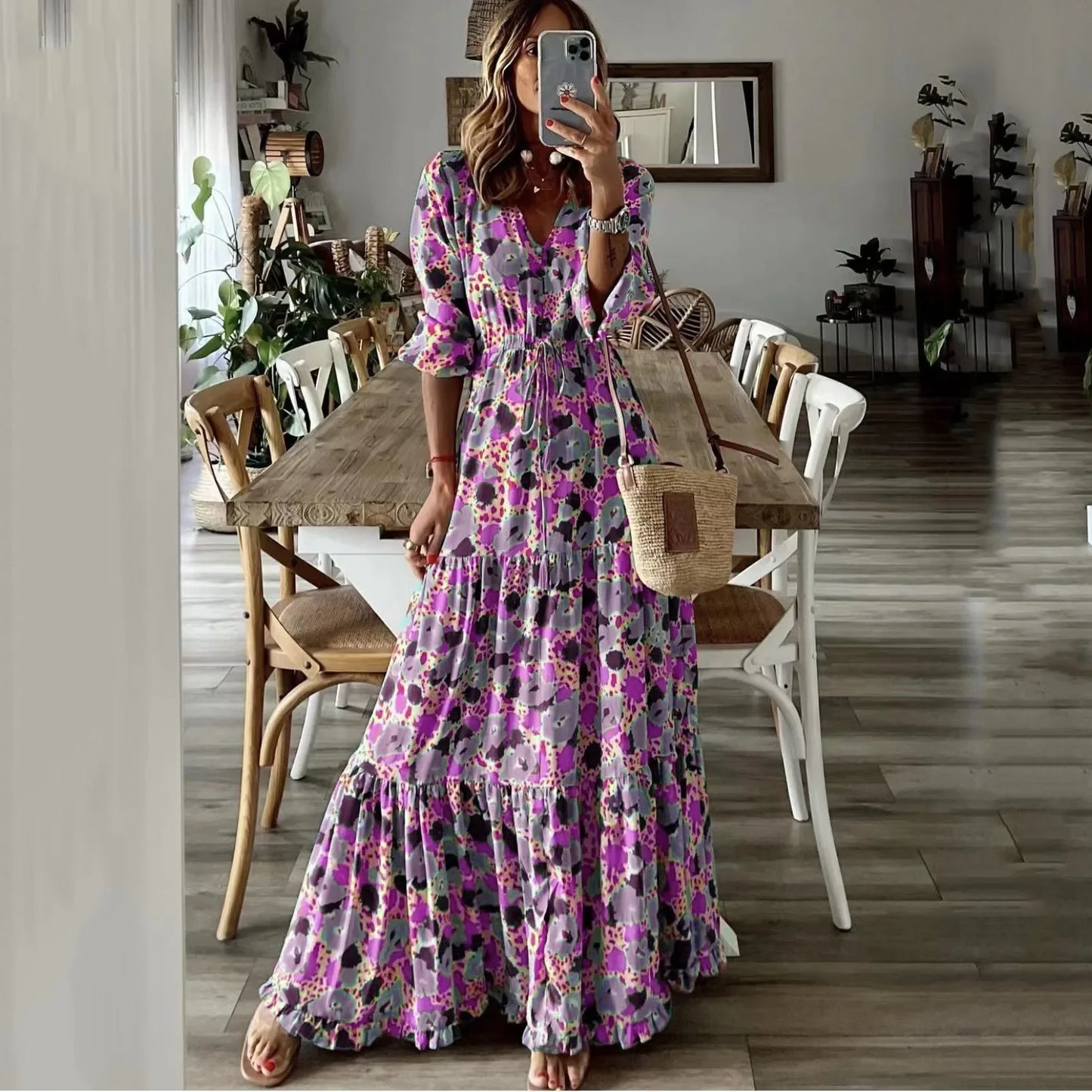 AS | Jarní podzimní květinový tisk dlouhé šaty pro ženy příležitostné dovolená A-line plážové šaty módní elegantní bohémský styl Maxi Vestidos