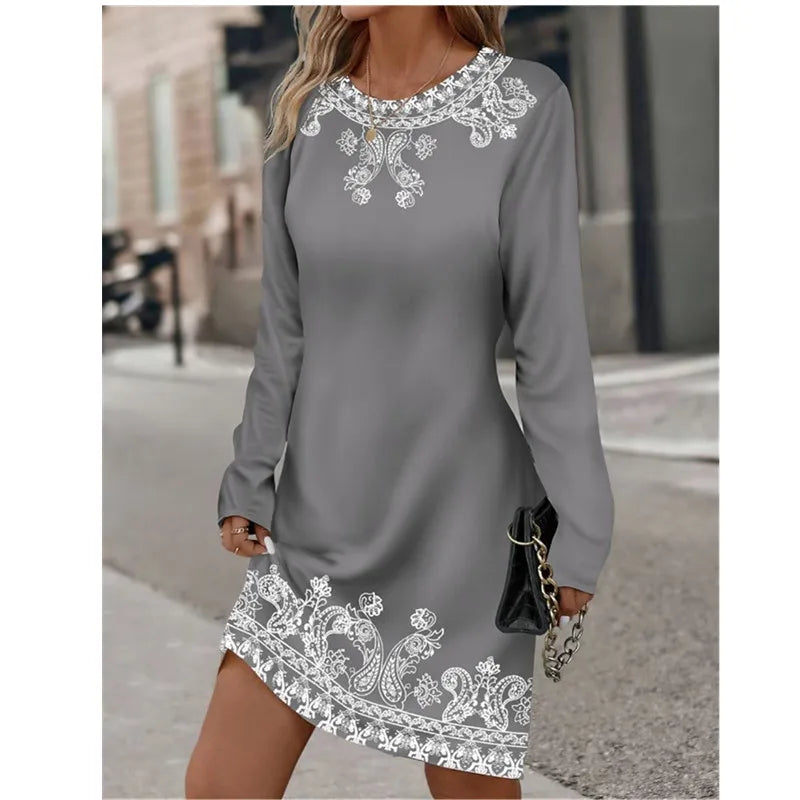 AS | Ženy jarní kolo krku dlouhý rukáv rostlina květina vytištěné šaty Vintage barva gradient příležitostné šaty velké velikosti 3XL Vestidos De Muer