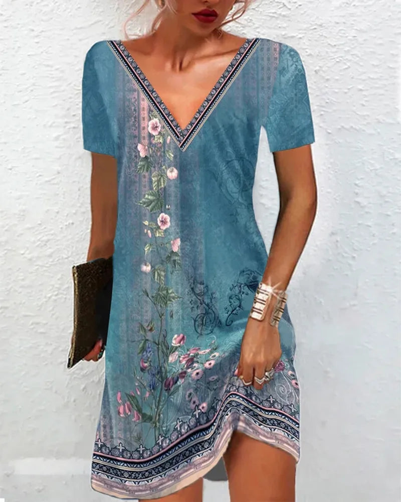 AS | Ženy letní šaty Boho V-Neck krátký rukáv Vintage tisk květinové šaty ženské příležitostné dovolená Beach volné šaty Vestidos