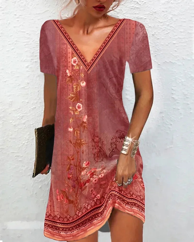 AS | 2024 Dámské letní šaty Boho V-Neck krátký rukáv Vintage tisk květinové šaty ženské příležitostné Holiday Beach volné šaty Vestidos