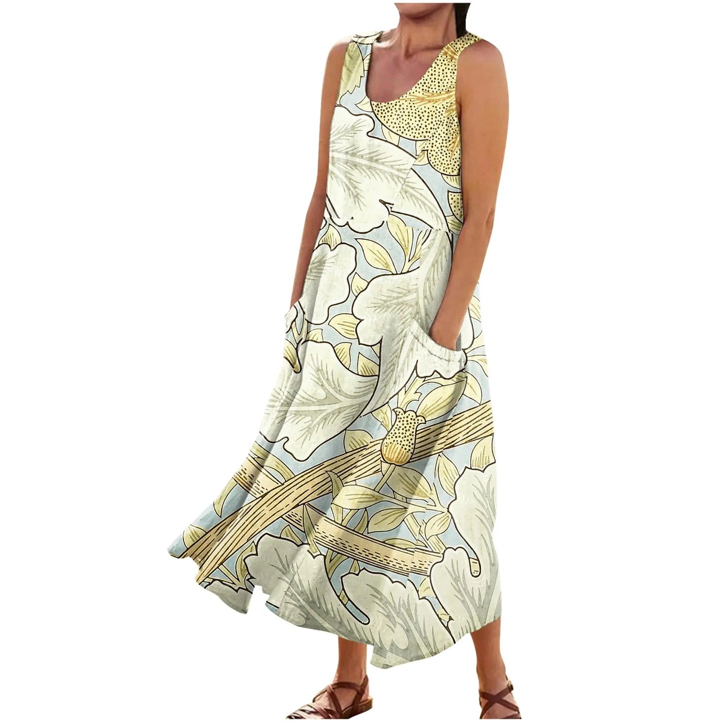AS | Letní květinové šaty ženy Vintage bez rukávů květinové tištěné dlouhé šaty bavlněné plátno Sundress Baggy Beach Vestido Sarafans