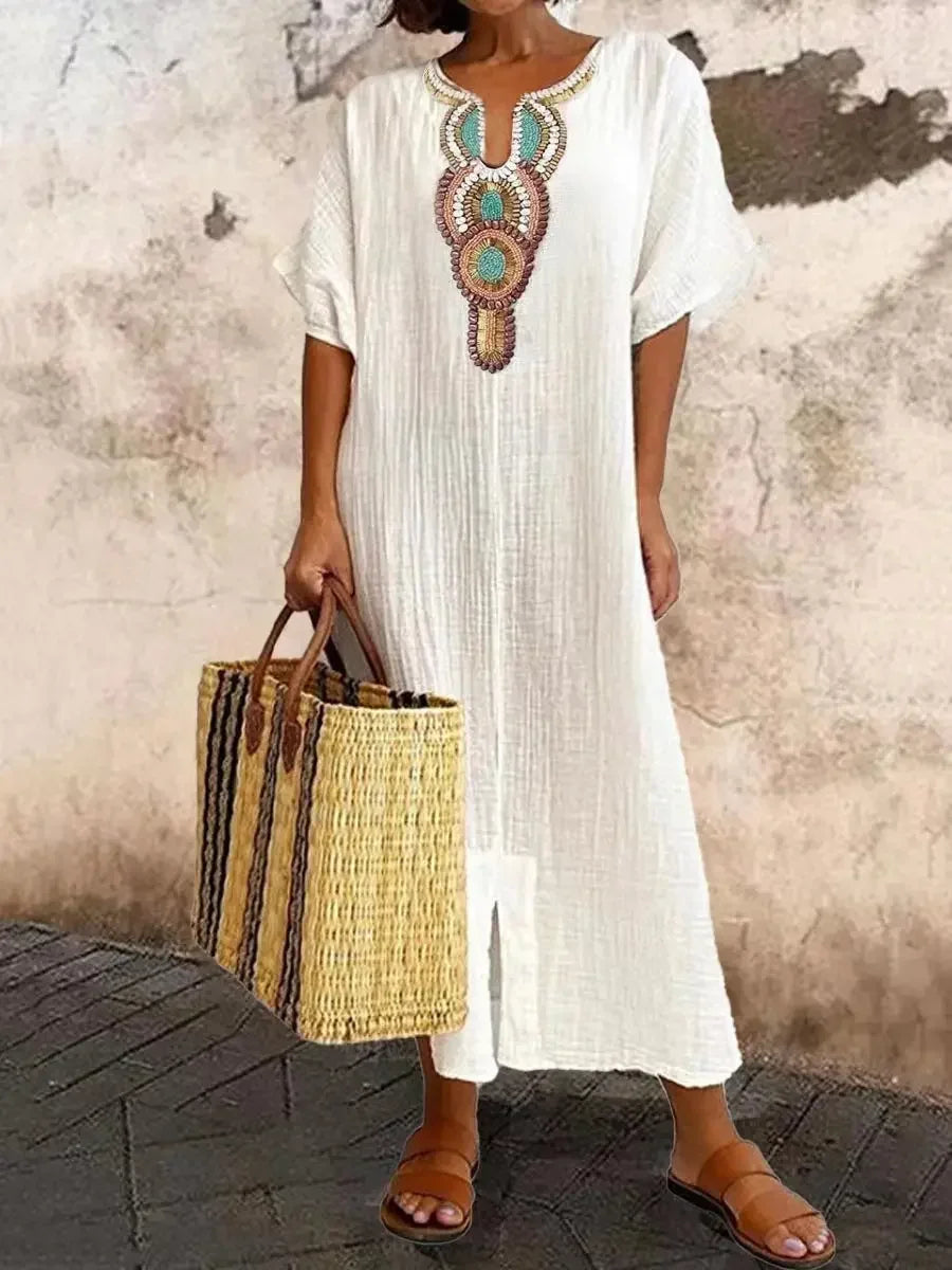 AS | New2025 Ženy Boho Vintage vyšívané bavlněné prádlo dlouhé šaty Dámy V-Neck Split Maxi Party šaty krátký rukáv volné šaty