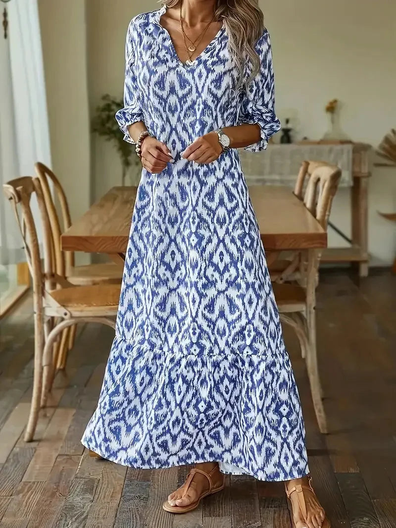 AS | 2024 Evropské a americké přeshraniční AliExpress podzimní a zimní fashionista roztomilé volné V-neck tisk středně rukávy dlouhé šaty