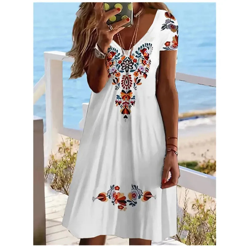 AS | Ženy letní krátký rukáv V-Neck příležitostné šaty 3D Vintage květinové tištěné elegantní koleno-délka šaty S-3XL Lady Vestidos