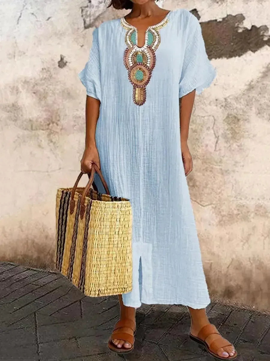 AS | New2025 Ženy Boho Vintage vyšívané bavlněné prádlo dlouhé šaty Dámy V-Neck Split Maxi Party šaty krátký rukáv volné šaty