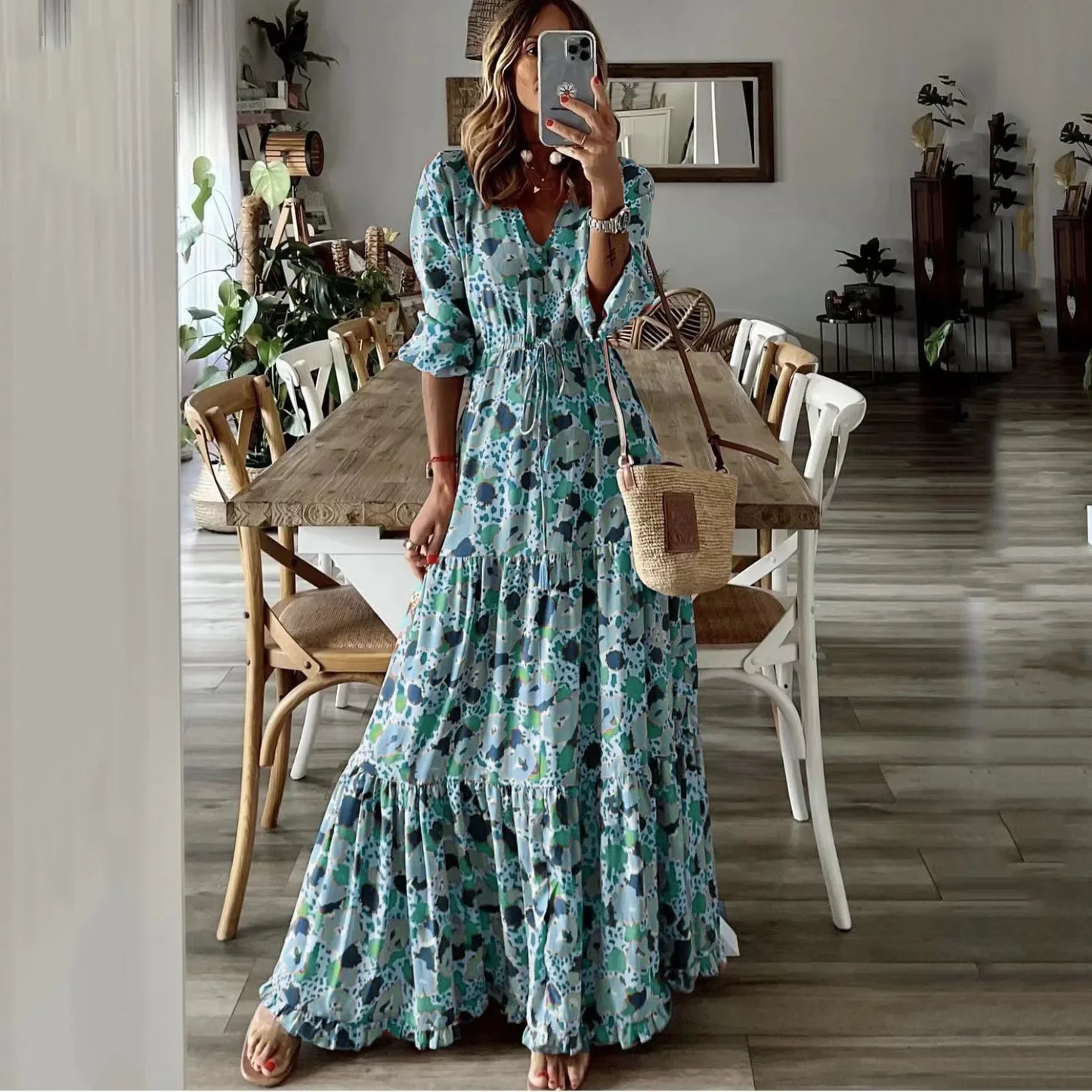 AS | Jarní podzimní květinový tisk dlouhé šaty pro ženy příležitostné dovolená A-line plážové šaty módní elegantní bohémský styl Maxi Vestidos