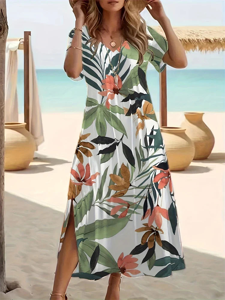 AS | Nové květinové šaty s potiskem Havajské dlouhé šaty Dámské šaty s krátkým rukávem Módní letní šaty s výstřihem V Designs Summer