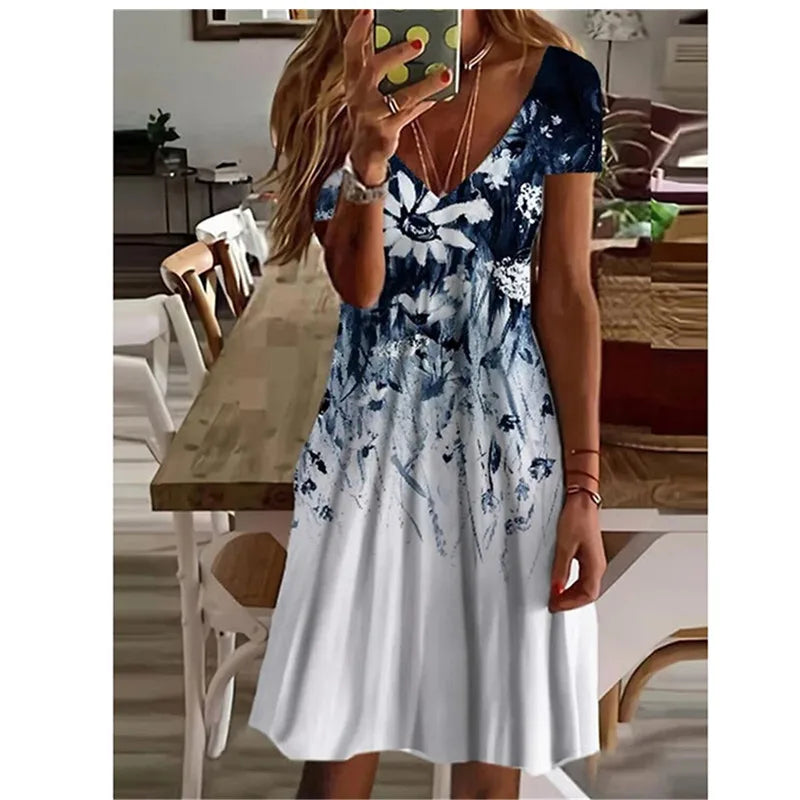 AS | Ženy letní krátký rukáv V-Neck příležitostné šaty 3D Vintage květinové tištěné elegantní koleno-délka šaty S-3XL Lady Vestidos