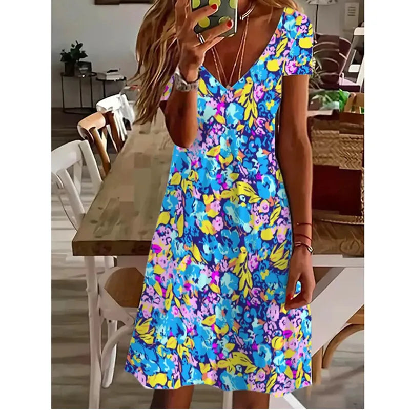 AS | Ženy letní krátký rukáv V-Neck příležitostné šaty 3D Vintage květinové tištěné elegantní koleno-délka šaty S-3XL Lady Vestidos