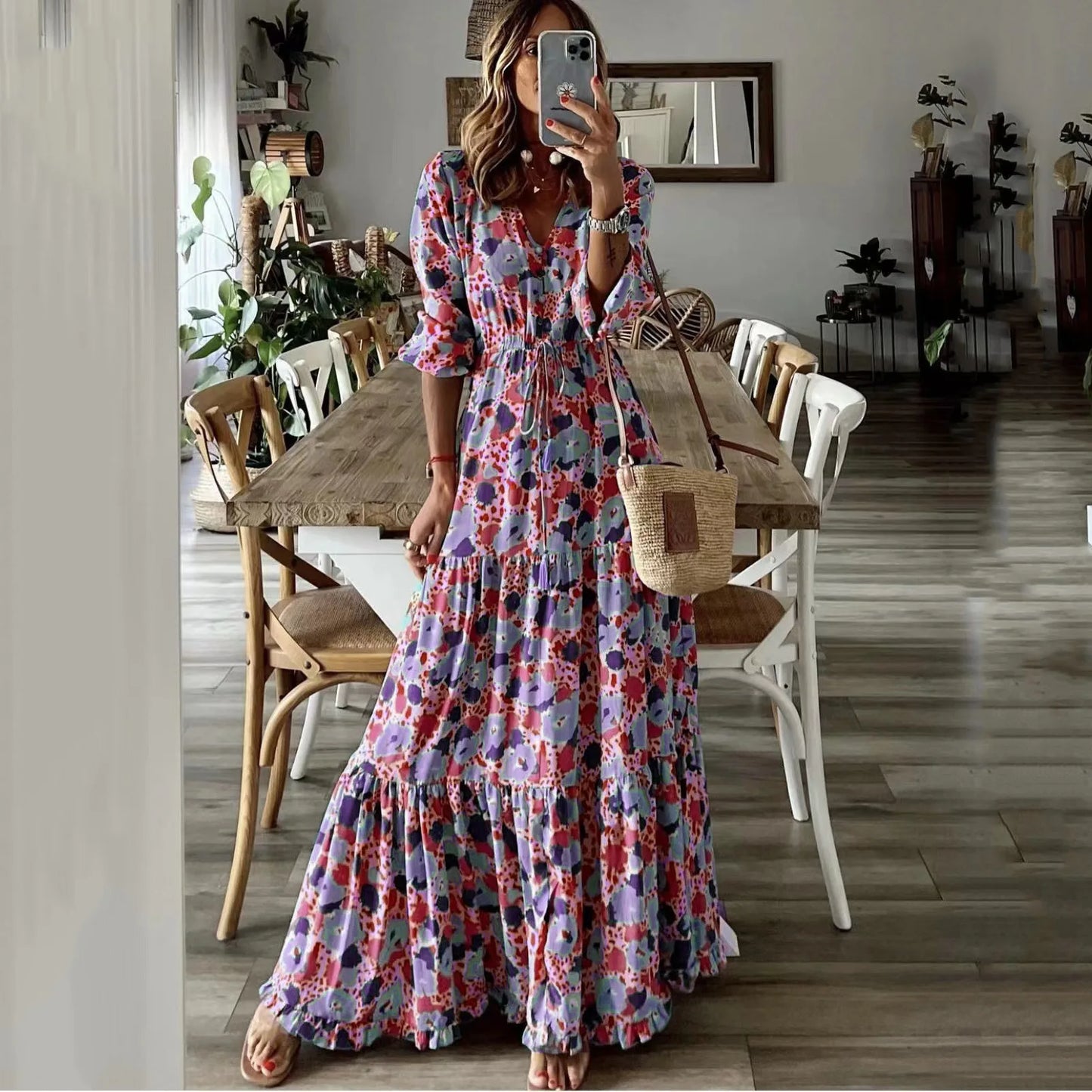 AS | Jarní podzimní květinový tisk dlouhé šaty pro ženy příležitostné dovolená A-line plážové šaty módní elegantní bohémský styl Maxi Vestidos