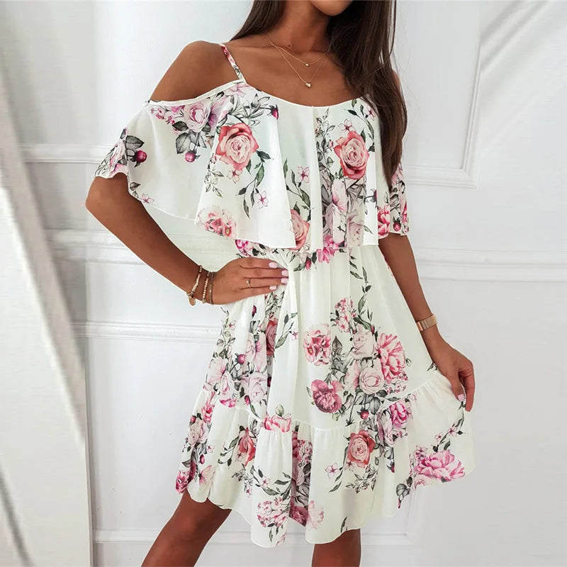 AS | Dámské letní V-Neck bez rukávů praku camisole dojíždění tištěné šifónové bohémské květinové šaty pro ženy