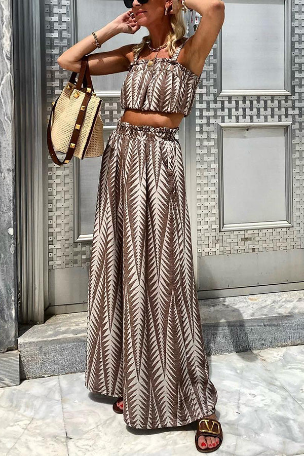 AS | Tropical Island Green Plant Print Brown Camisole Top Wide Kalhoty Suit